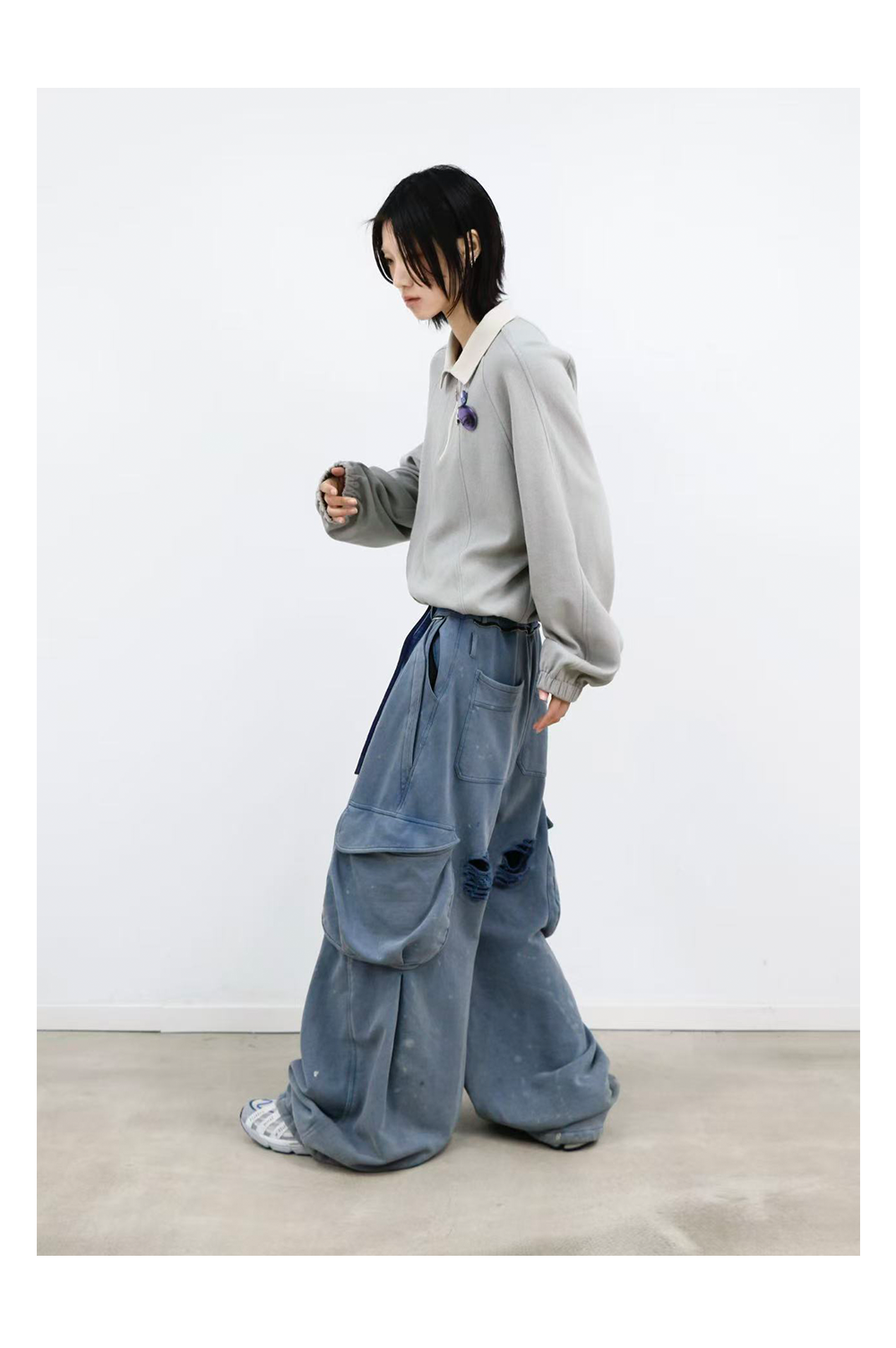 Double Waist Splatter Distressed Cargo Sweatpants