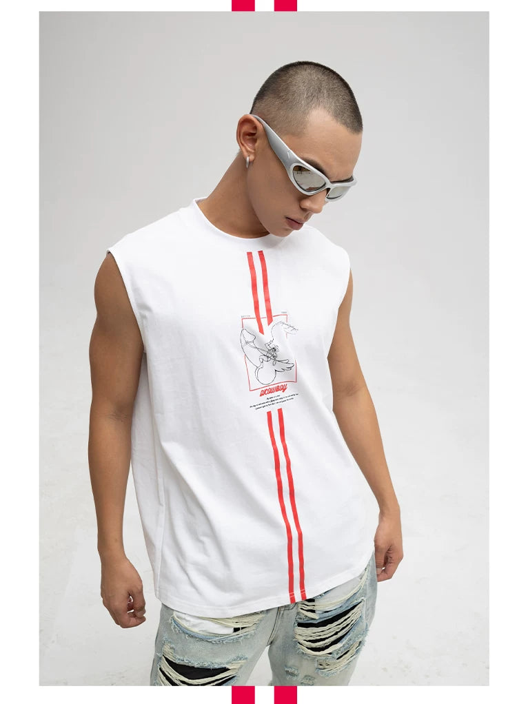Men's White Loose Hand-Printed Tank Tops