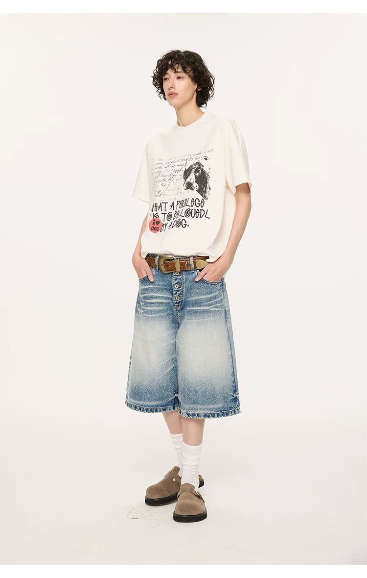 Whisker Wash Button Denim Shorts