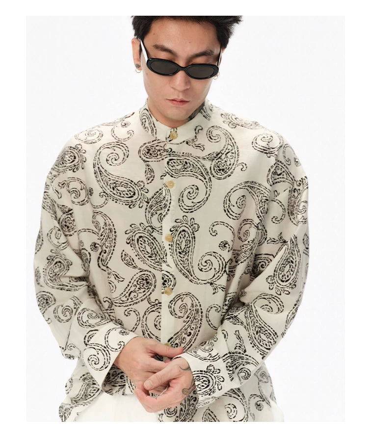 Long Sleeve Collared Paisley Silk Shirt