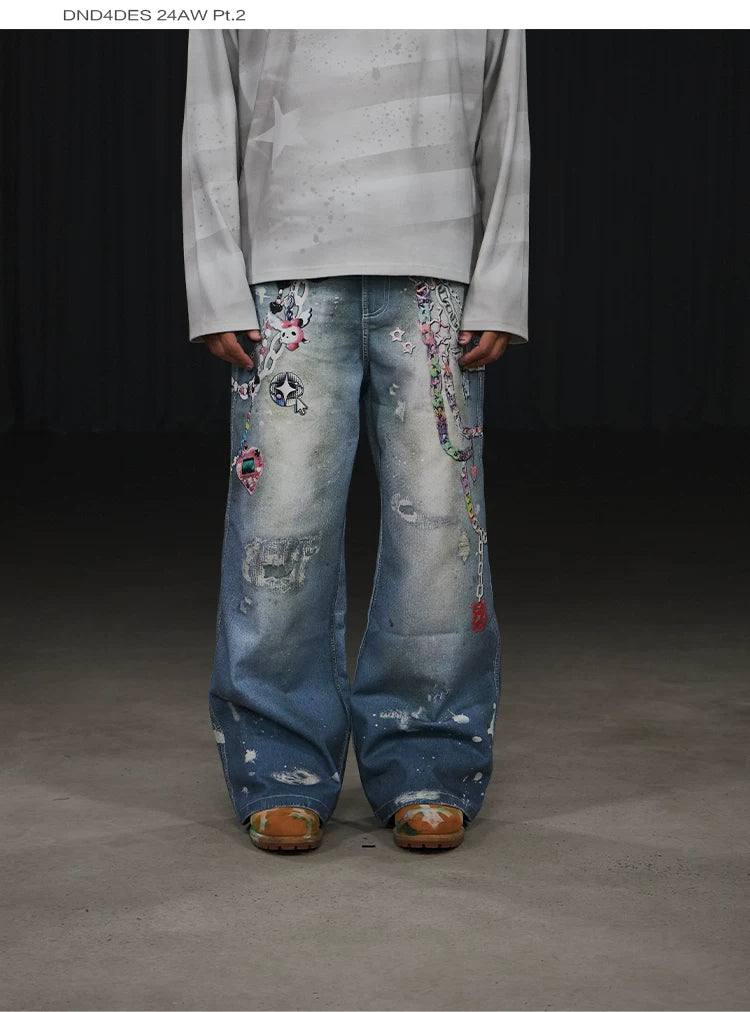 Y2K Cartoon-Printed Chain Wide-Leg Jeans