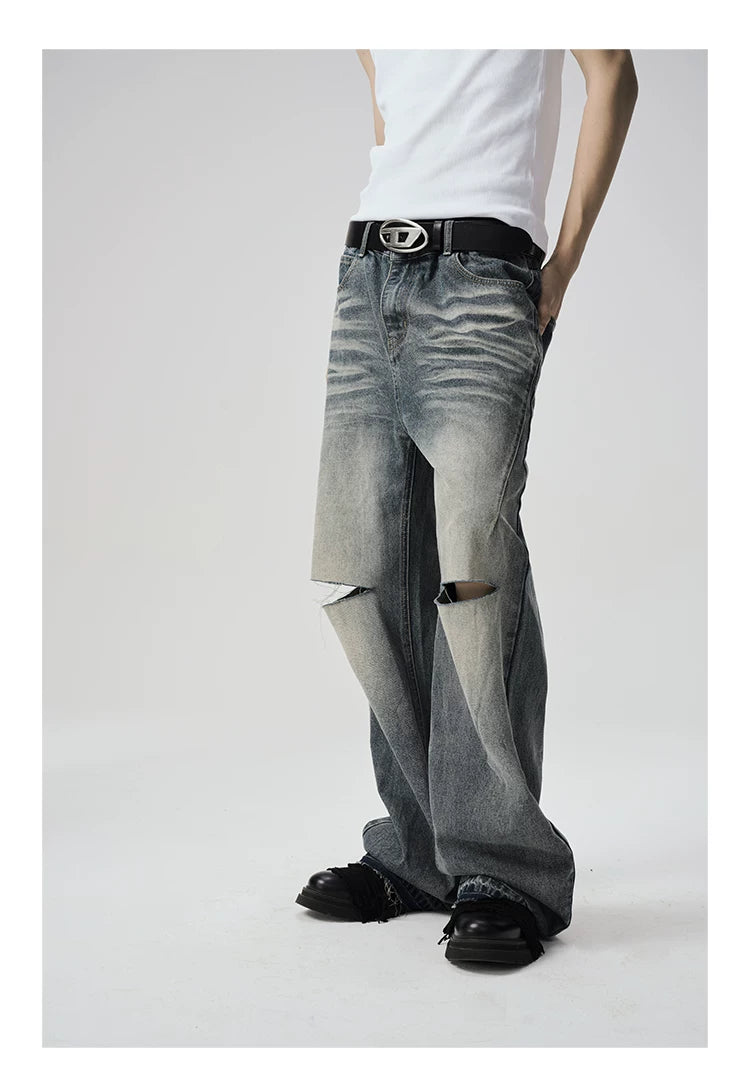 Two-Tone Distressed Wide Leg Flared Jeans