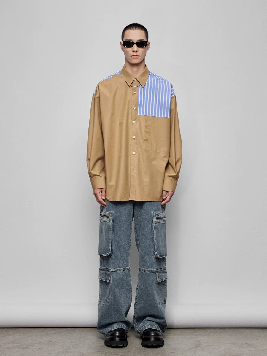 Color-block Striped Cotton Pocket Shirt