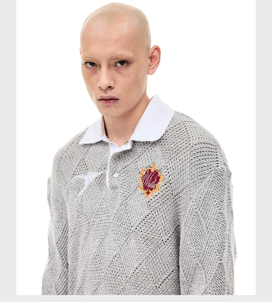 Argyle Knit Wool Blend Polo Sweater