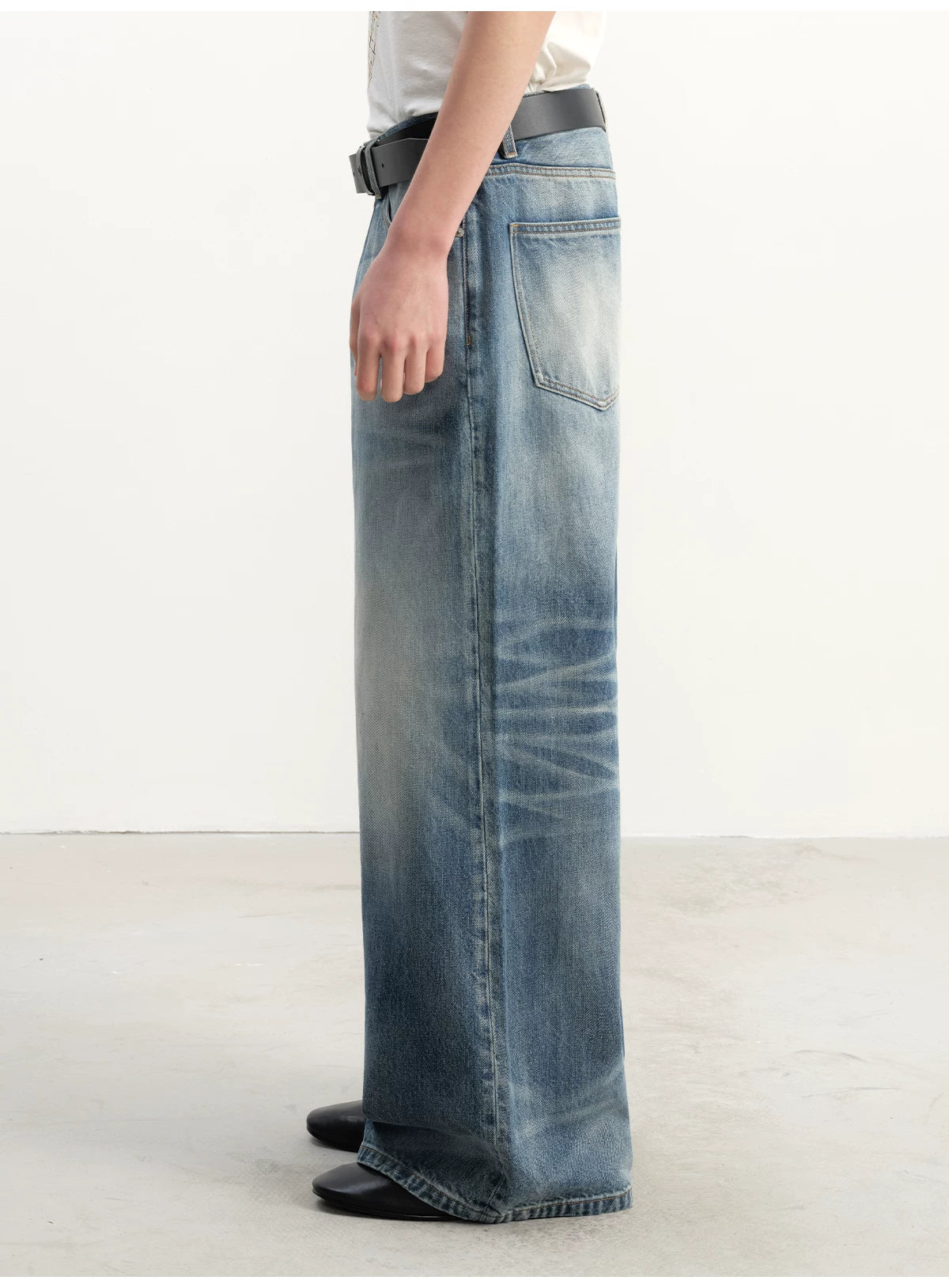 Grey Blue Distressed Wide Leg Jeans
