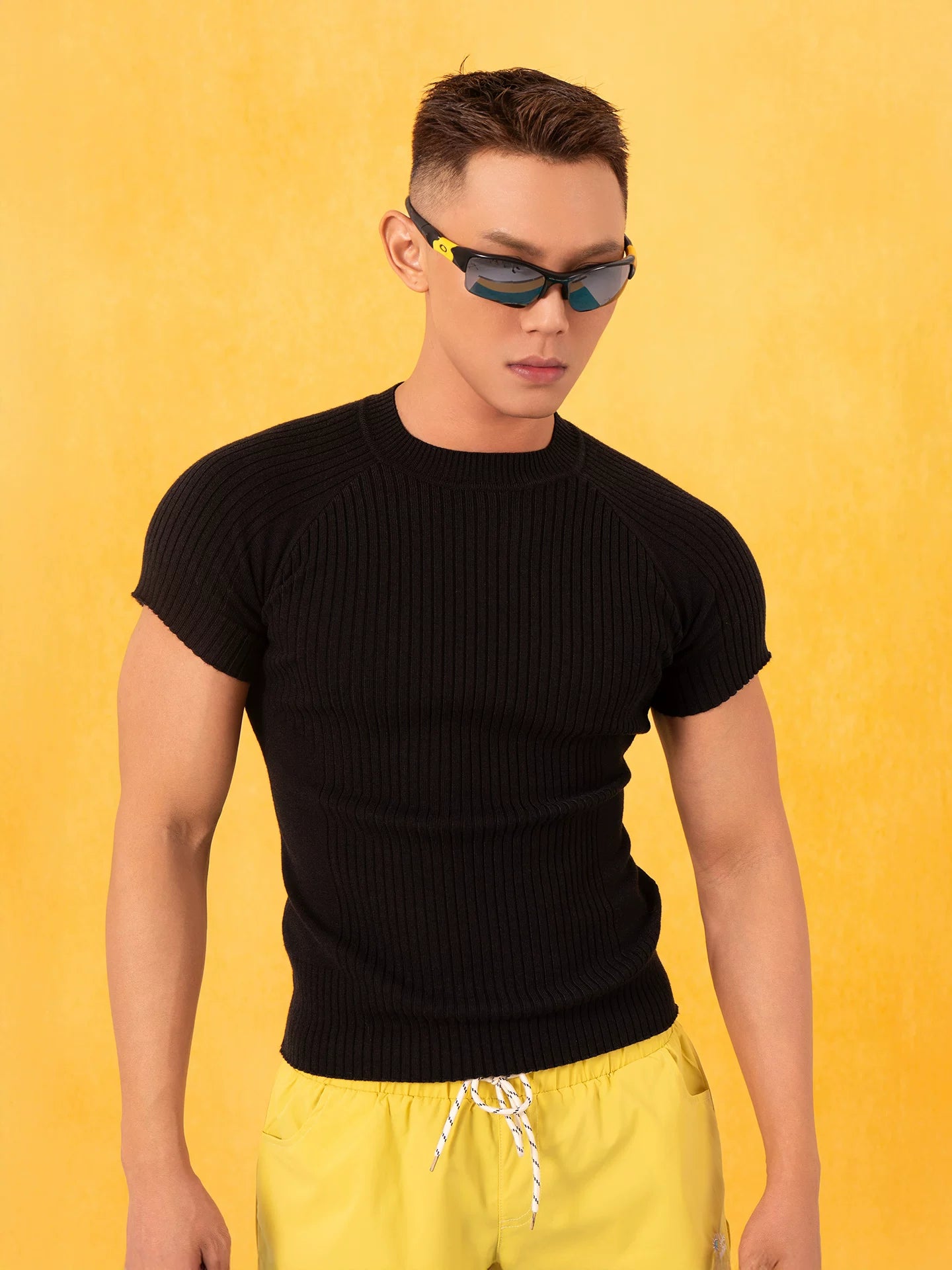 Men's Black Striped Knit Raglan Tee