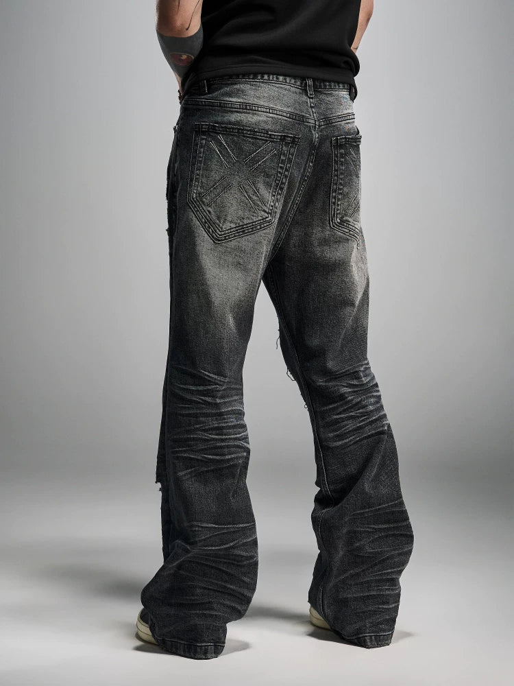 Distressed Gray Wash Relaxed Curved Jeans