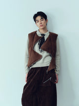 Retro Suede Bow Zipper Padded Vest