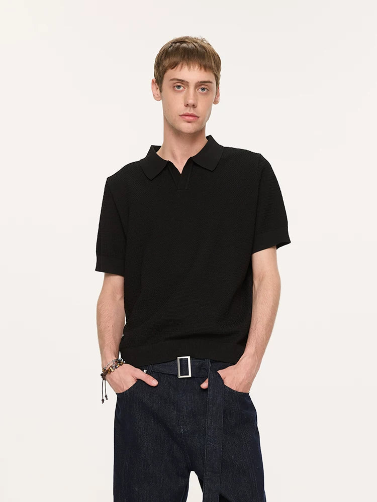 Wheat Jacquard V-Neck Knit Polo Tee