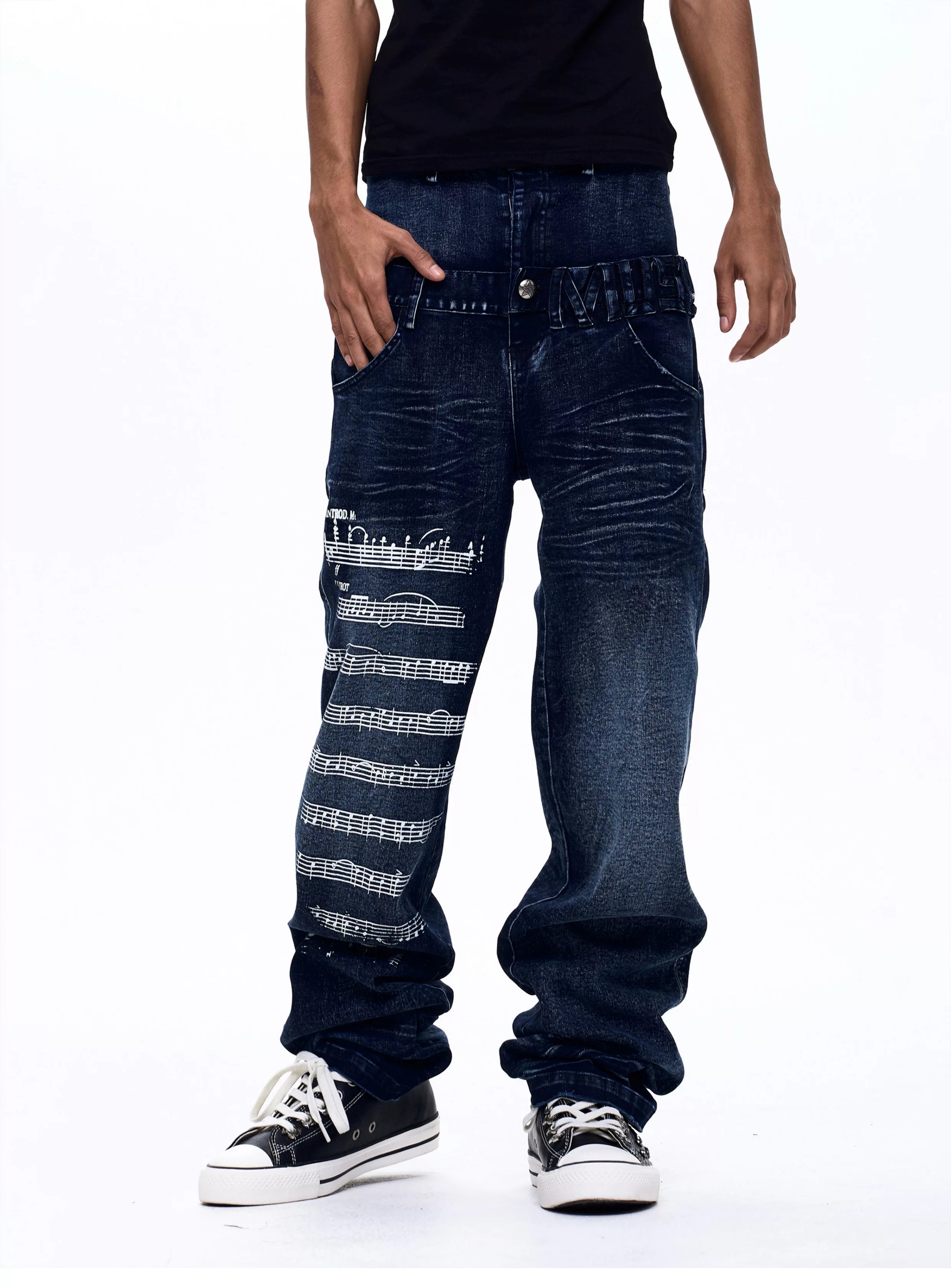 Men's Washed Blue Double Waistband Jeans