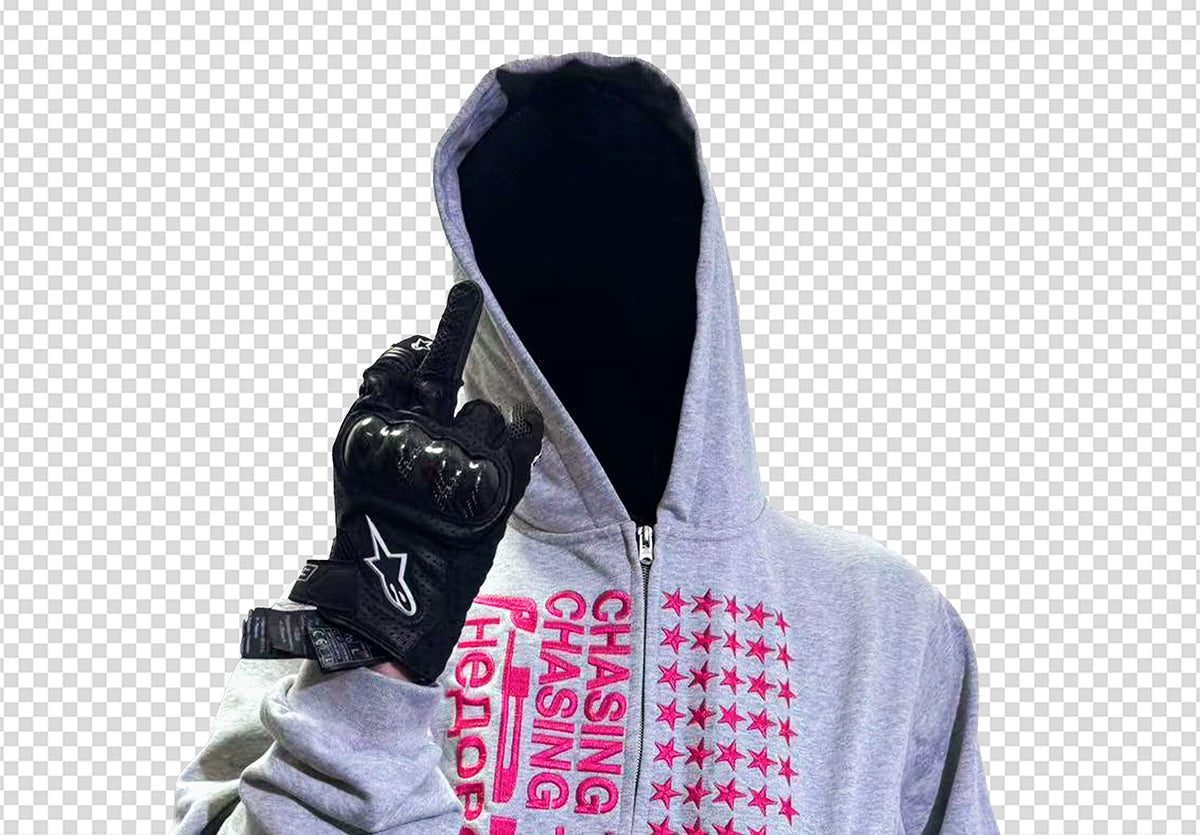 Slim Cropped Gray Flag-Embroidered Zip Hoodie