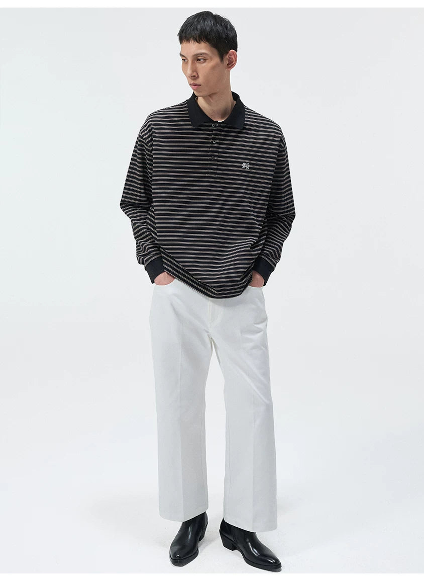 Striped Embroidered Long Sleeve Polo Tee