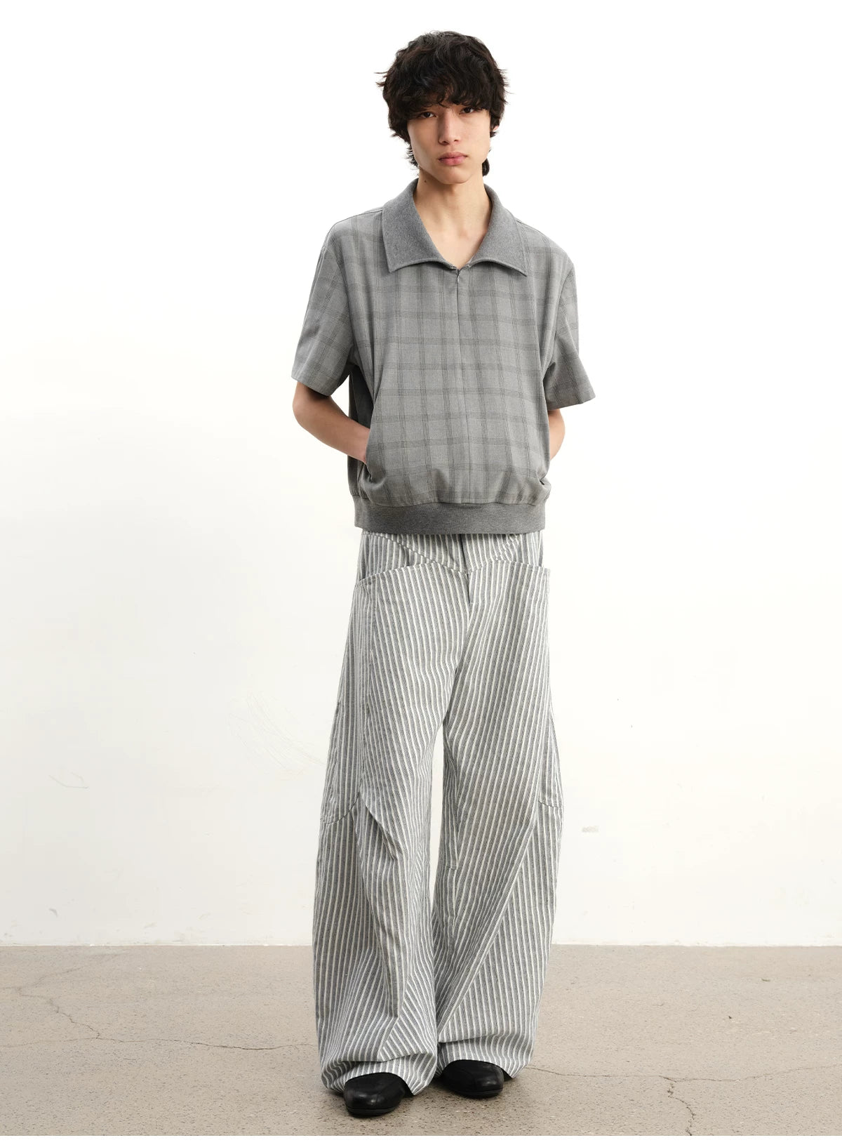 Striped Pleated Curved Hem Pants