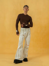 Men's Vintage White Sickle-Print Flare Jeans