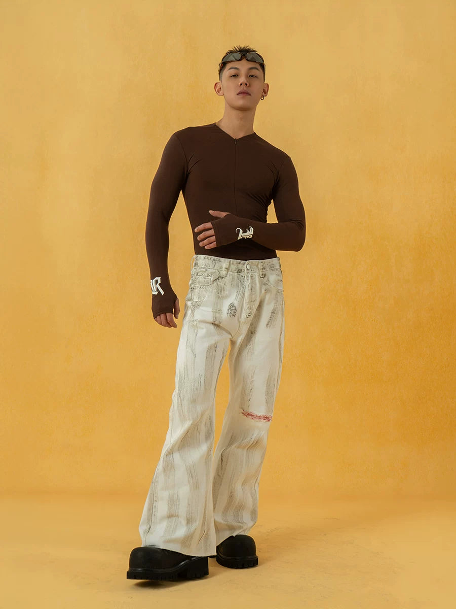 Men's Vintage White Sickle-Print Flare Jeans