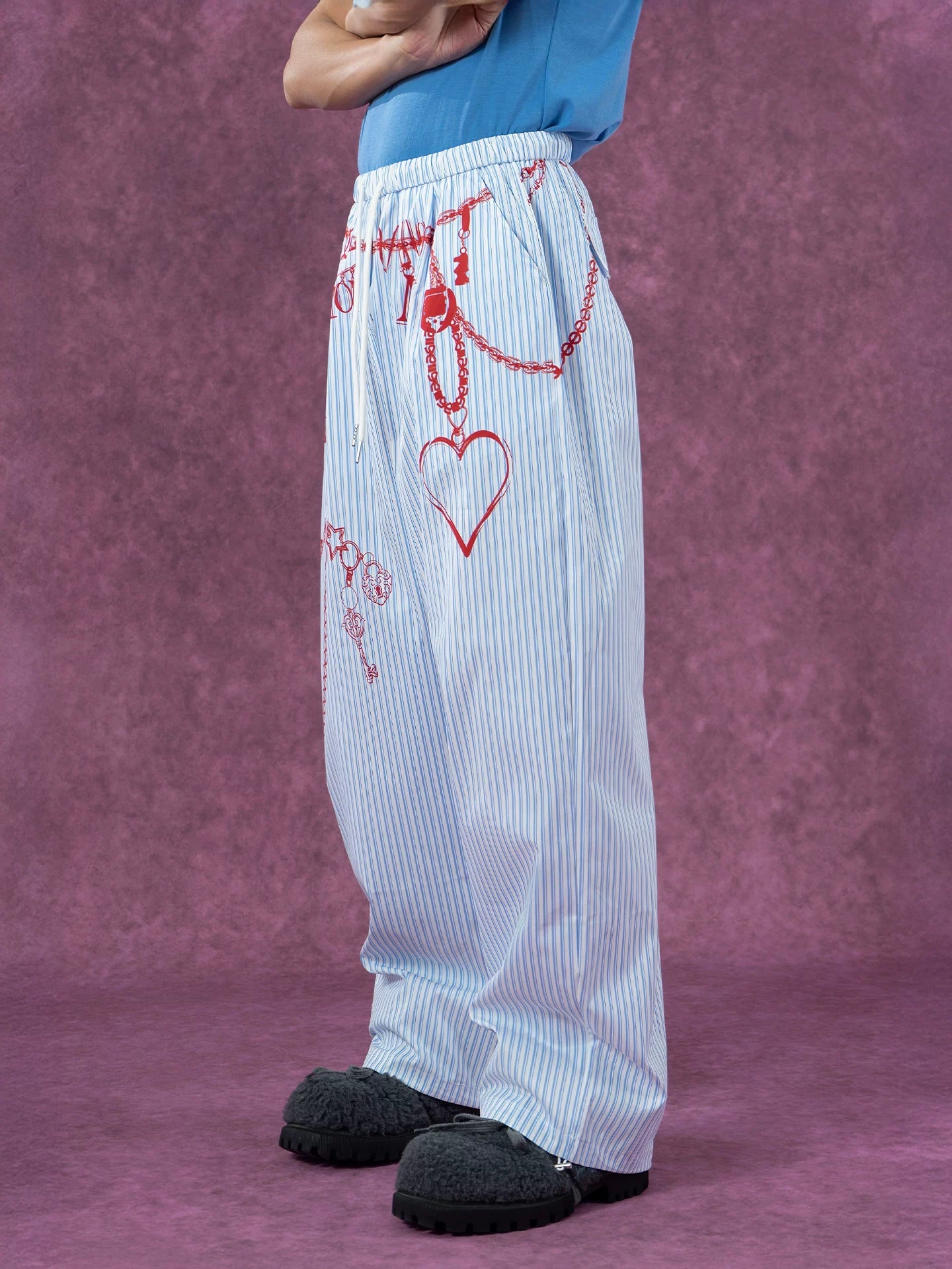 Men's White Striped Chain Print Pants