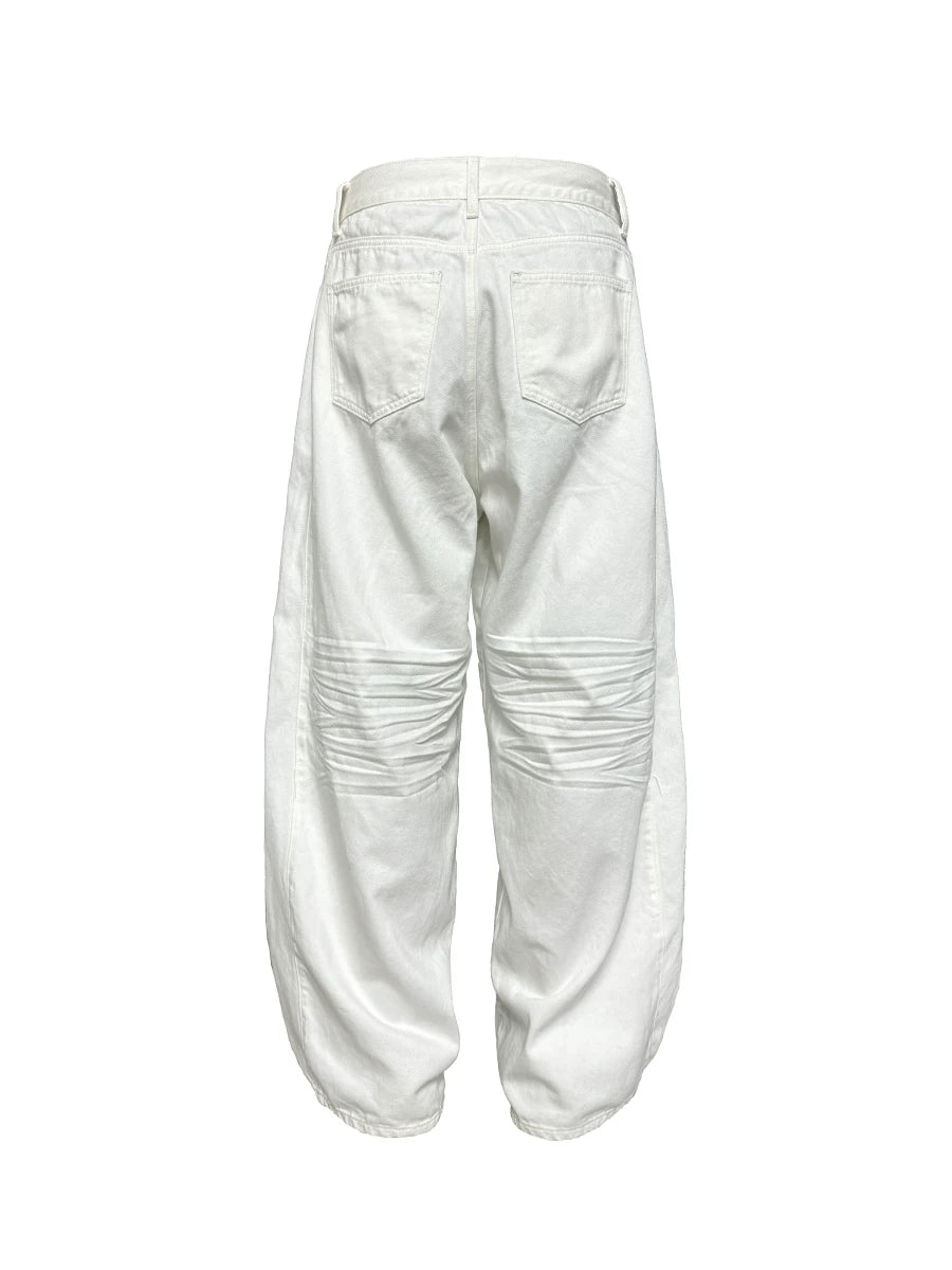 Pleated Distressed White Baggy Denim Jeans