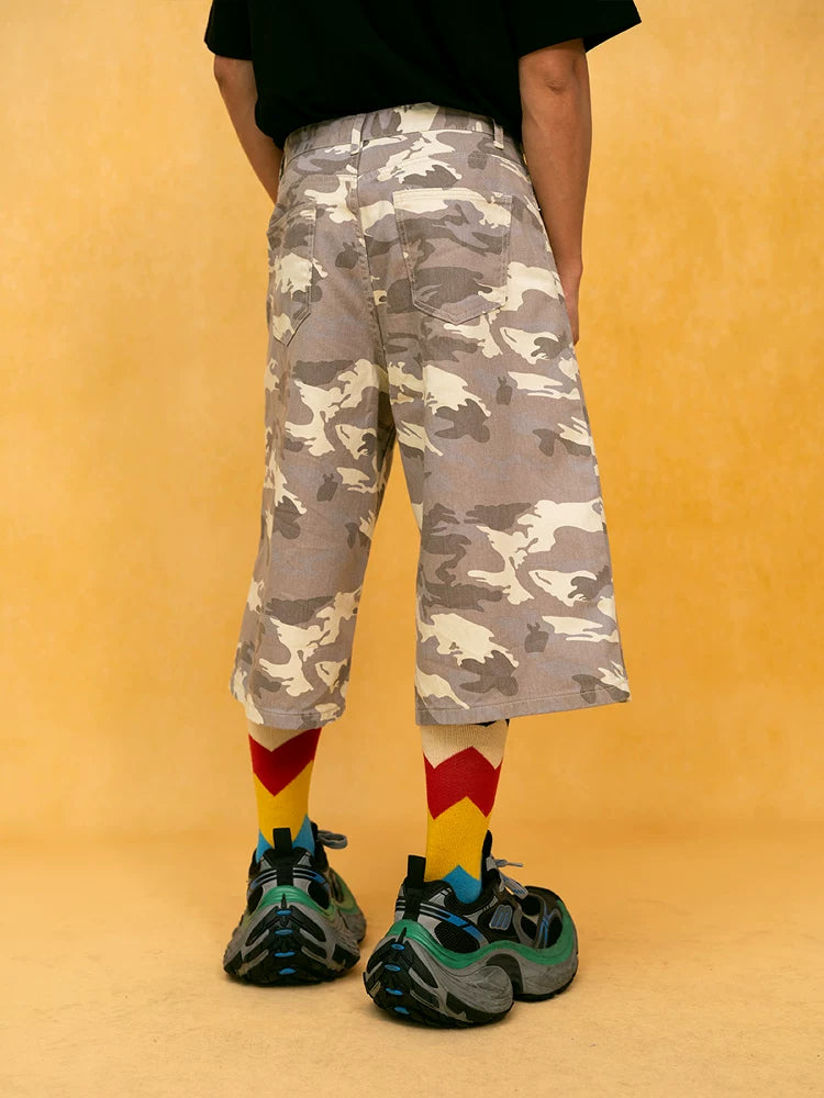 Men's Light Camo Cropped Denim Shorts