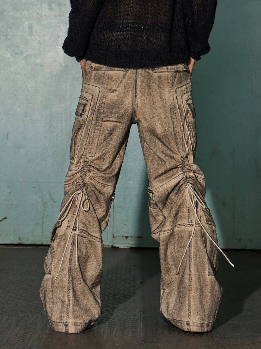 Distressed Drawstring Flare Cargo Pants