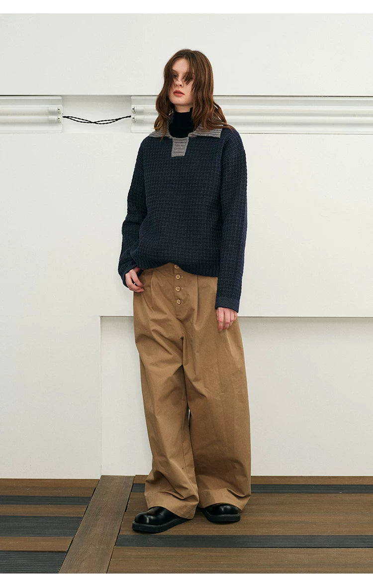 Color Block Collar Waffle Knit Sweater