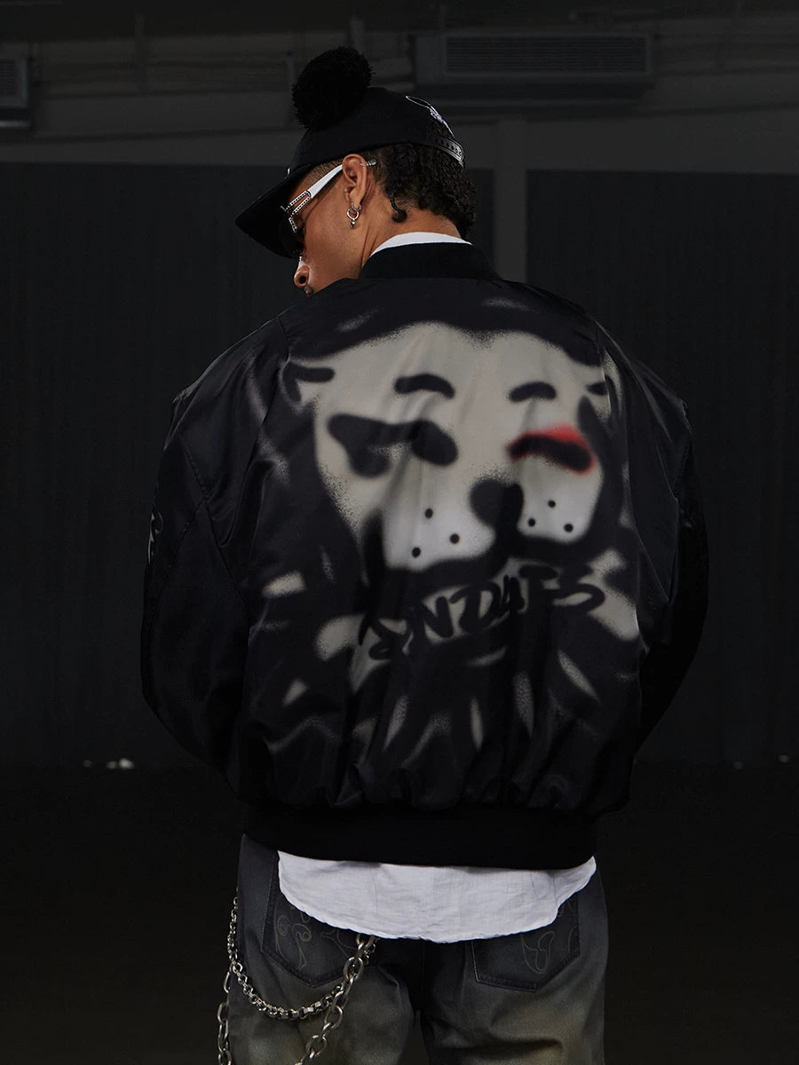 Graffiti Dog Head Print Bomber Jacket