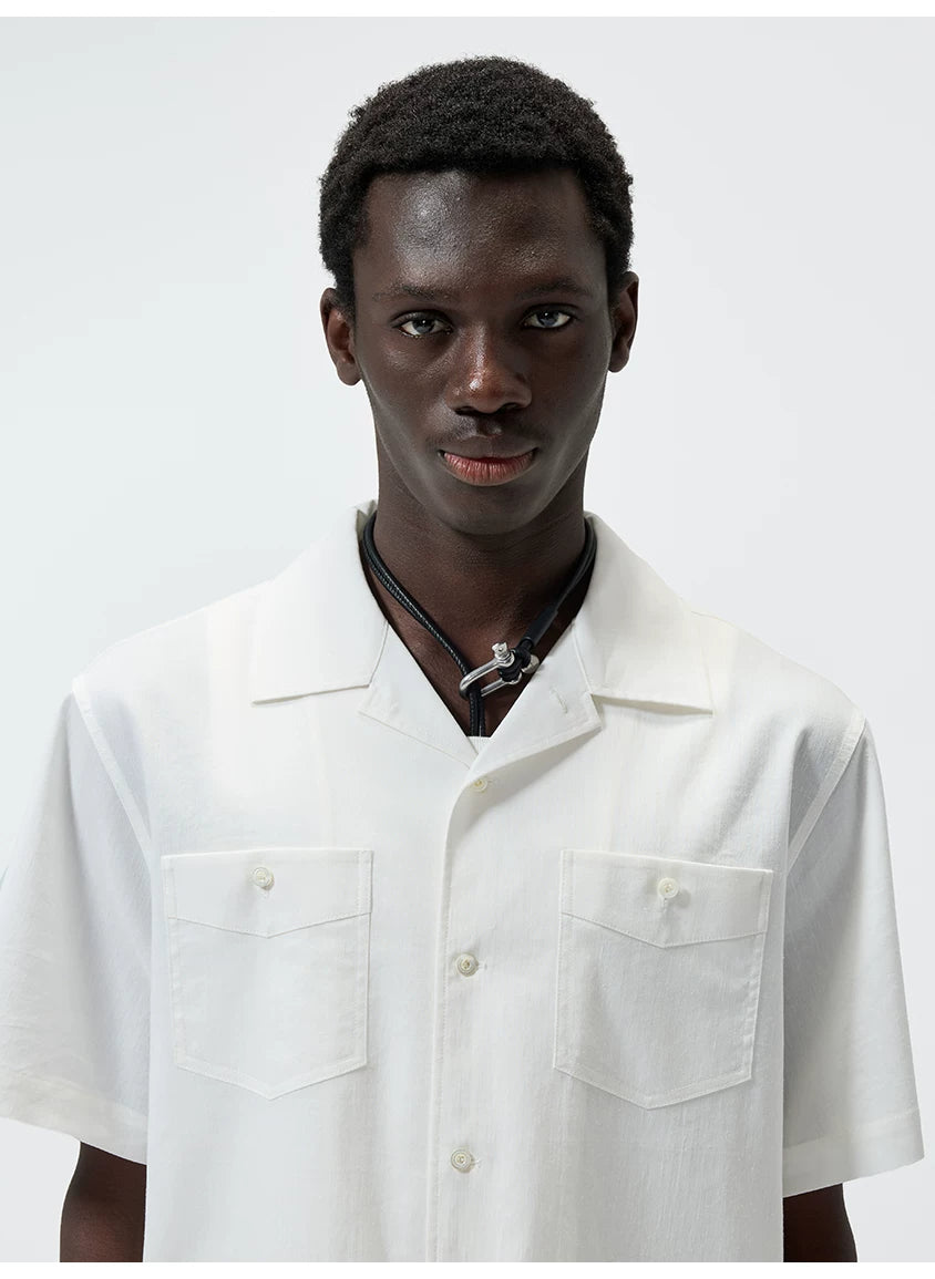 Short-Sleeve Cuban Collar Linen Blend Shirt