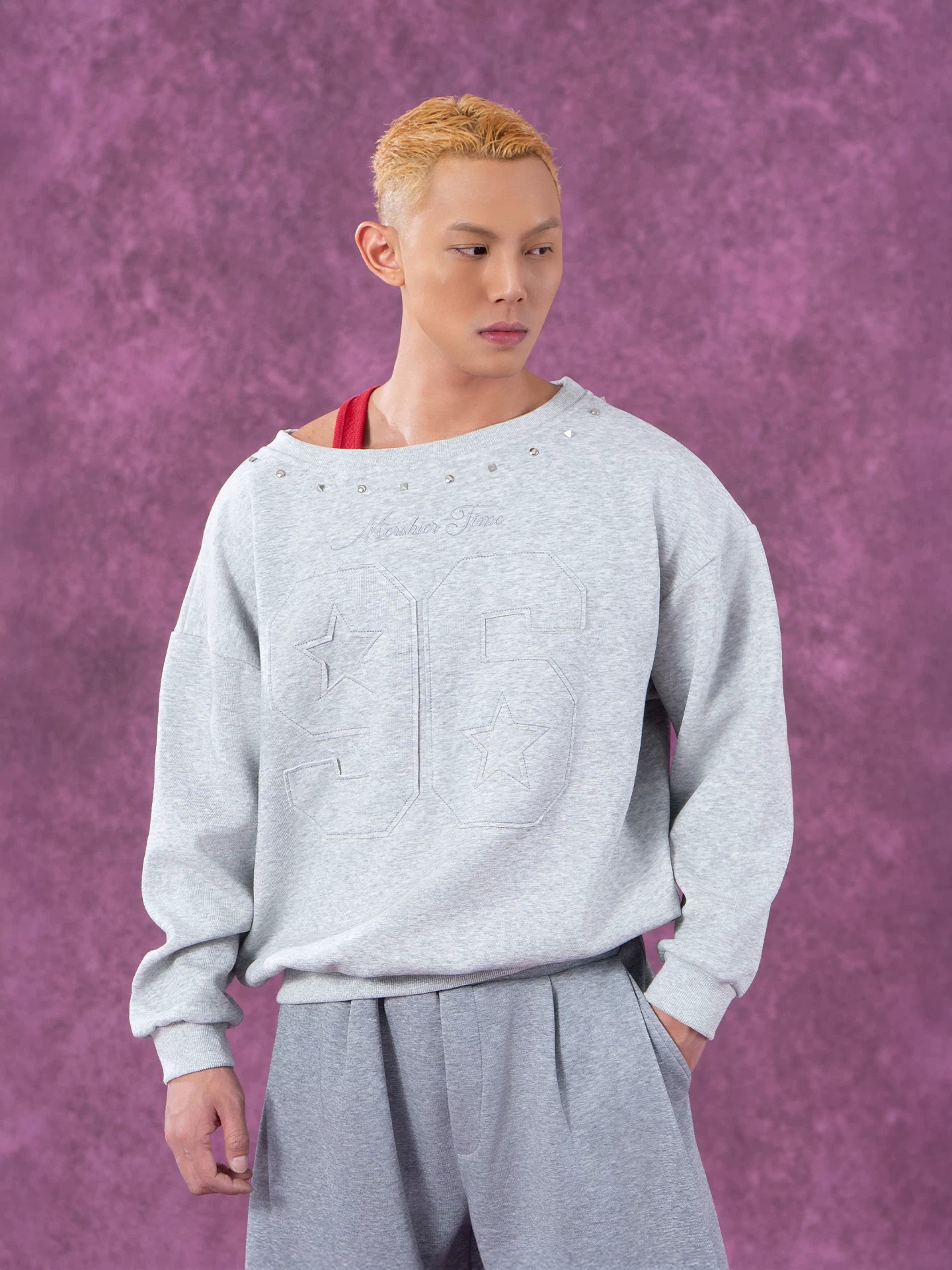 Men's Grey Red Patched Rivet Hoodies
