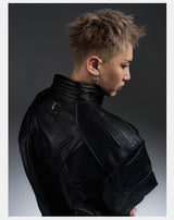 Dark Zip-Up Padded Biker Leather Jacket