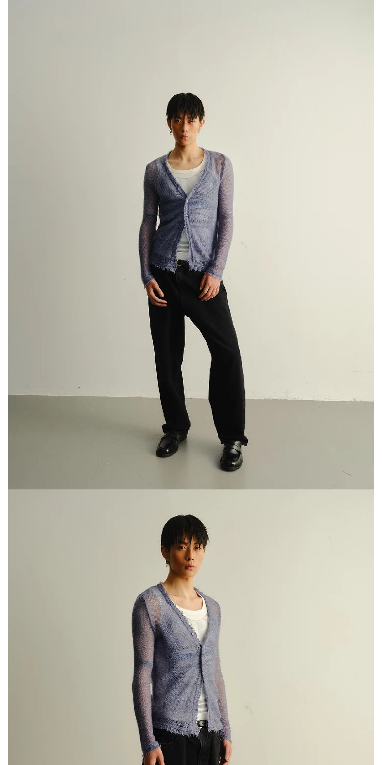 Frayed Slim Cutout Deep V-Neck Cardigan