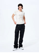 Unisex Rivet Letter Washed Distressed Tees