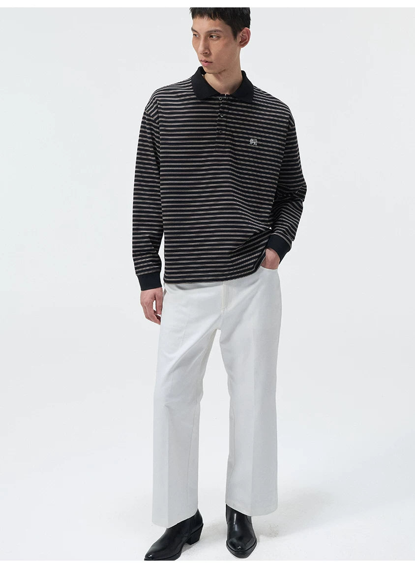 Striped Embroidered Long Sleeve Polo Tee