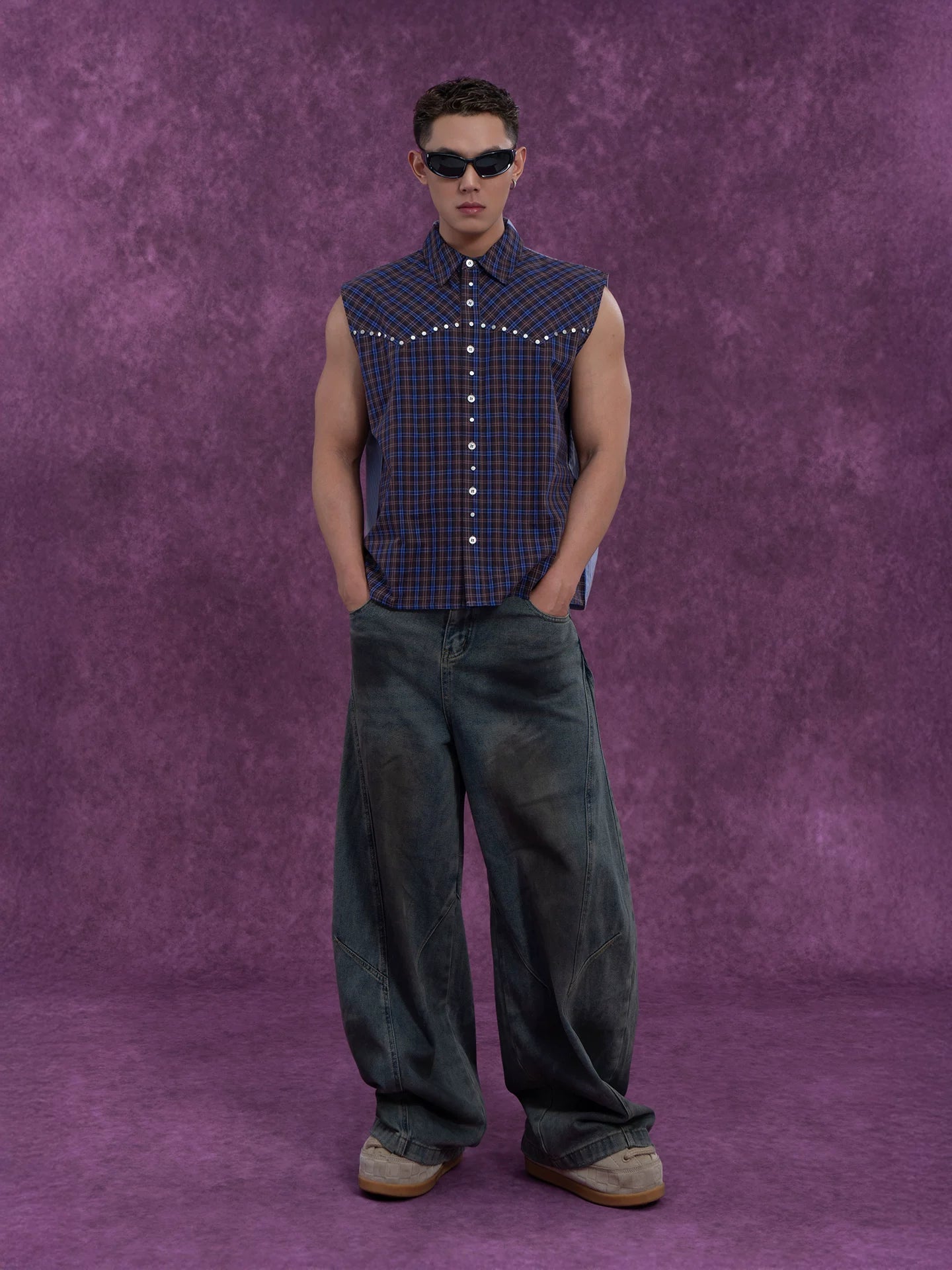 Men's Plaid Striped Patchwork Rivet Vest