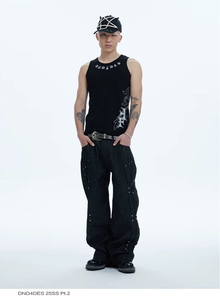 Fitted Cross Print Ribbed Tank Tops