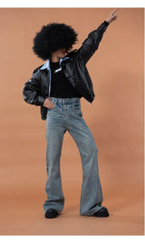 Black Shirt-Collared Faux Leather Moto Jacket