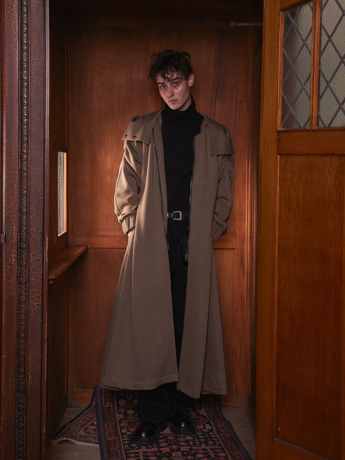 Unisex Hooded Ruched-Waist Cape Coat