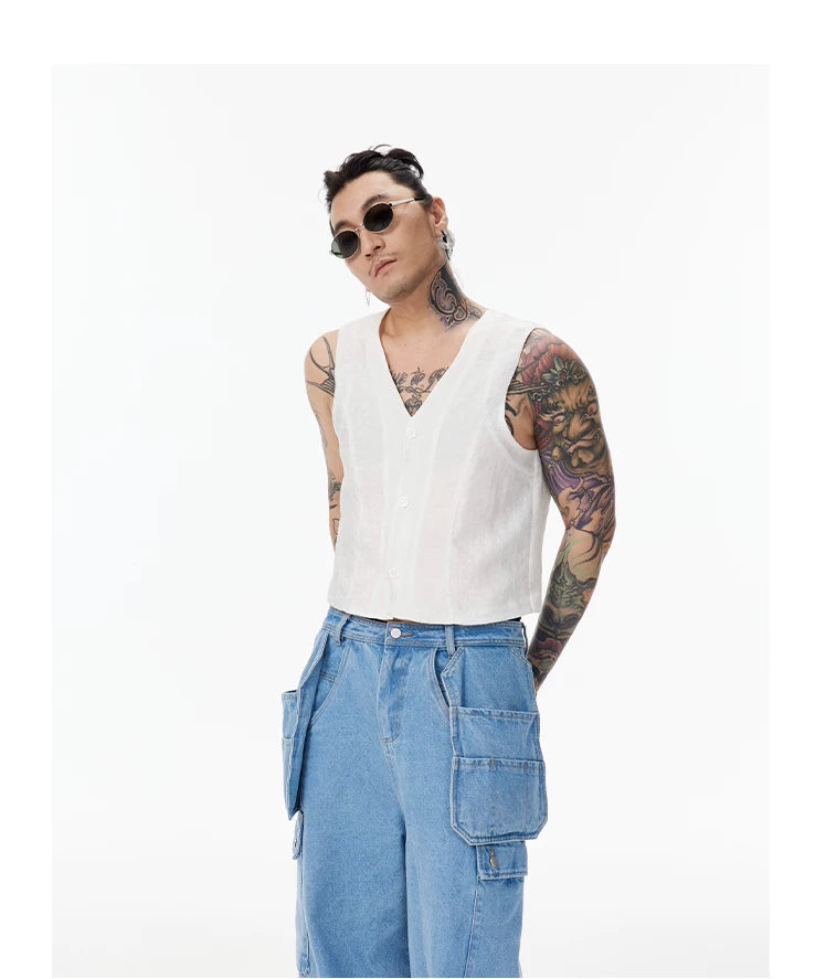White Cropped V-neck Tencel Vest Unisex