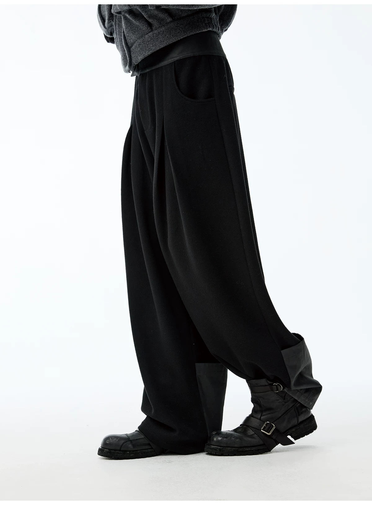 Leather Waist Wide Leg Wool Pants