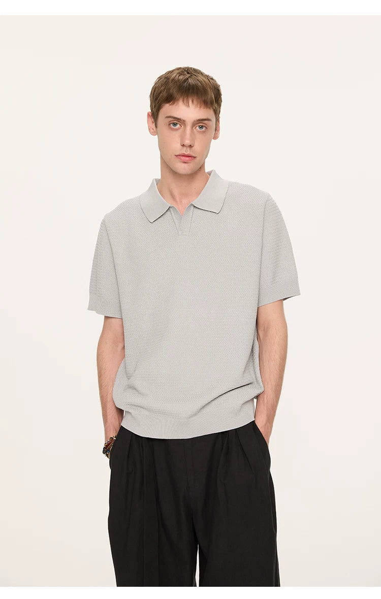 Wheat Jacquard V-Neck Knit Polo Tee