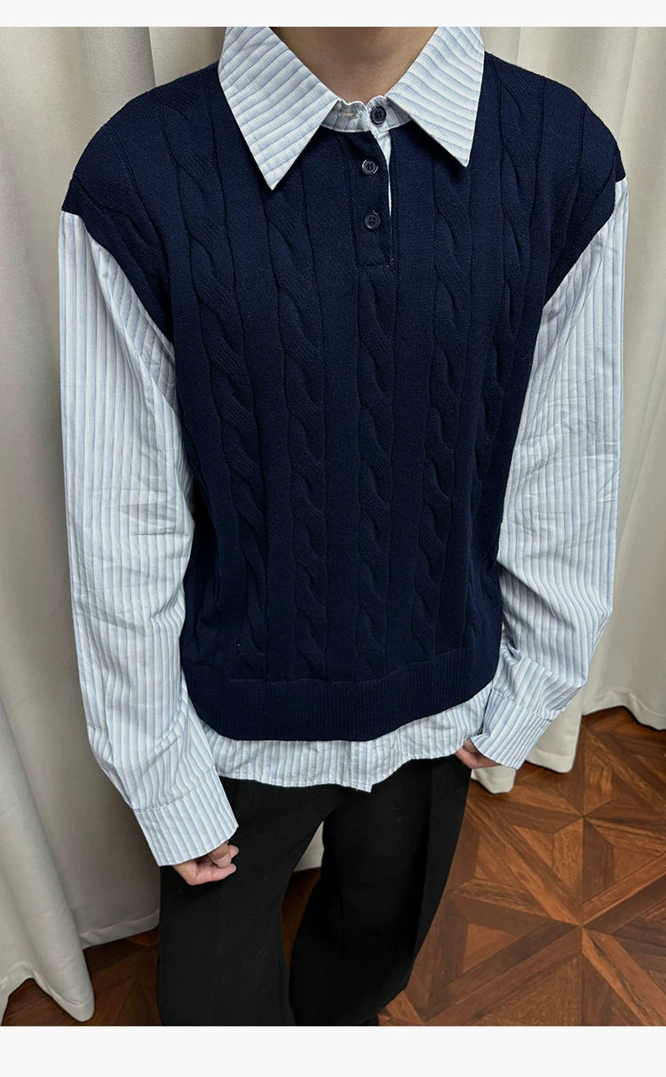 Wool Contrast Fake Two-piece Polo Sweater