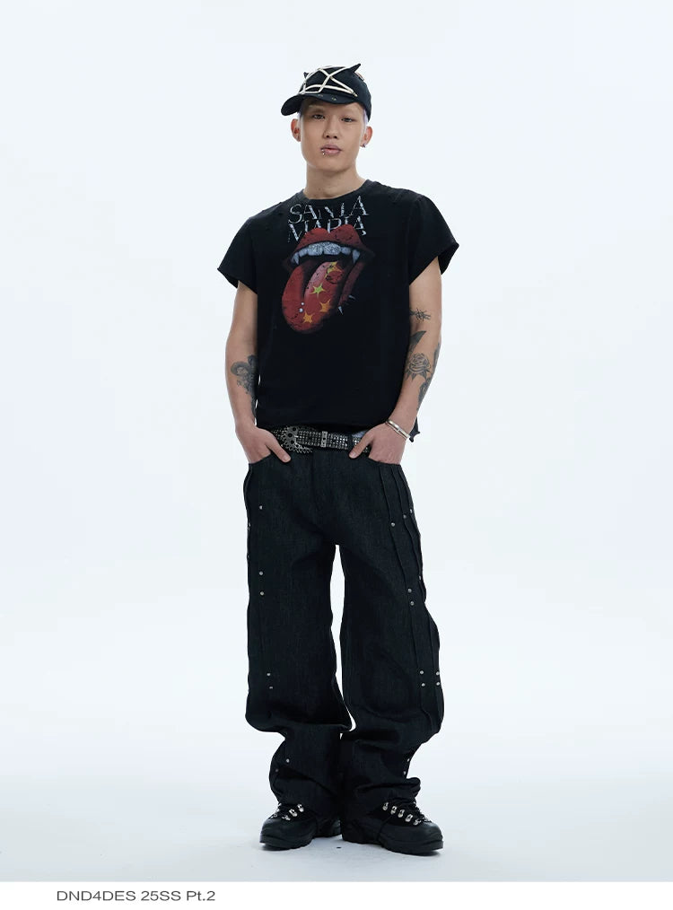 Asymmetric Pleated Studded Raw Denim Jeans