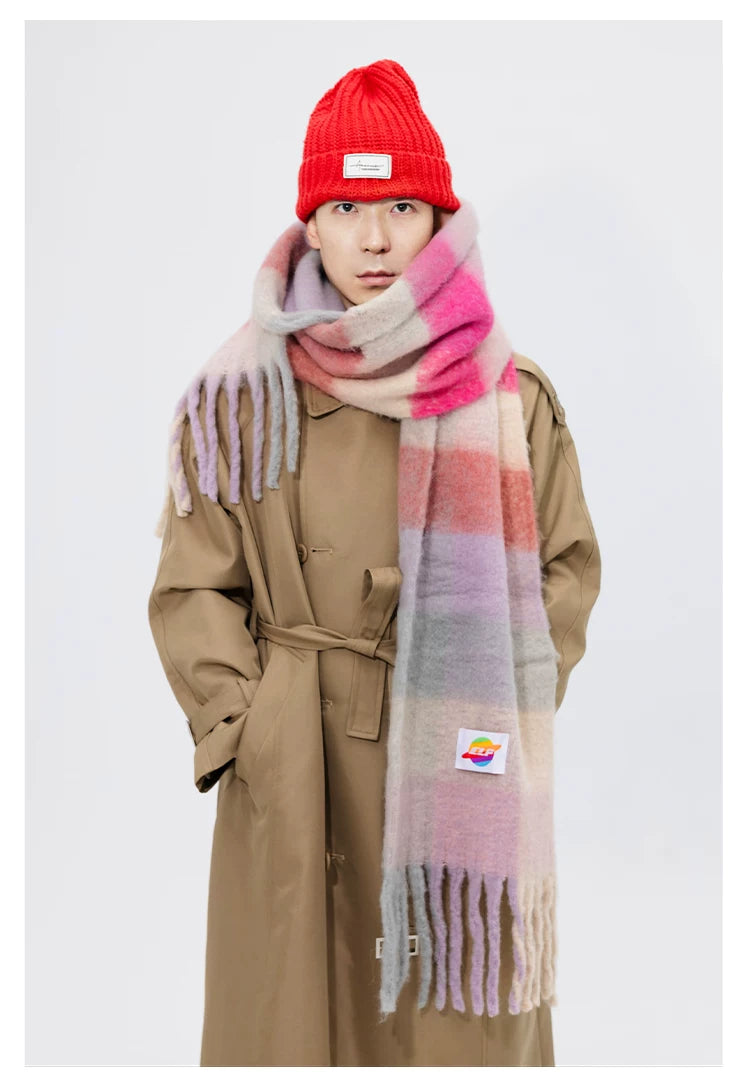Fringed Rainbow Plaid Faux Cashmere Scarf