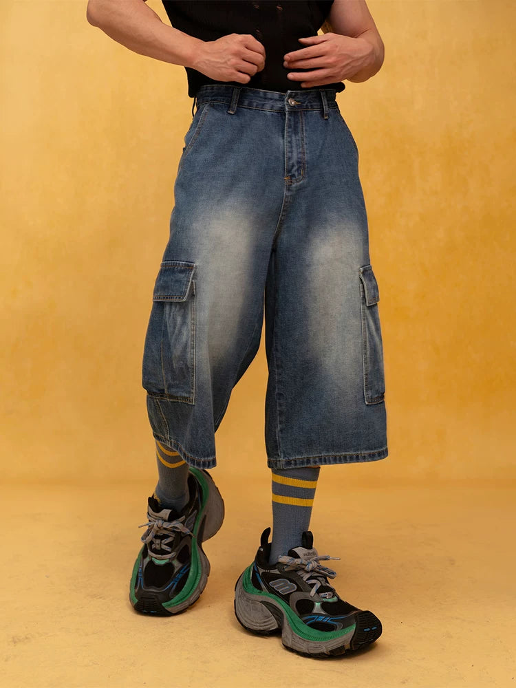 Men's Blue Relaxed Cargo Cropped Jeans