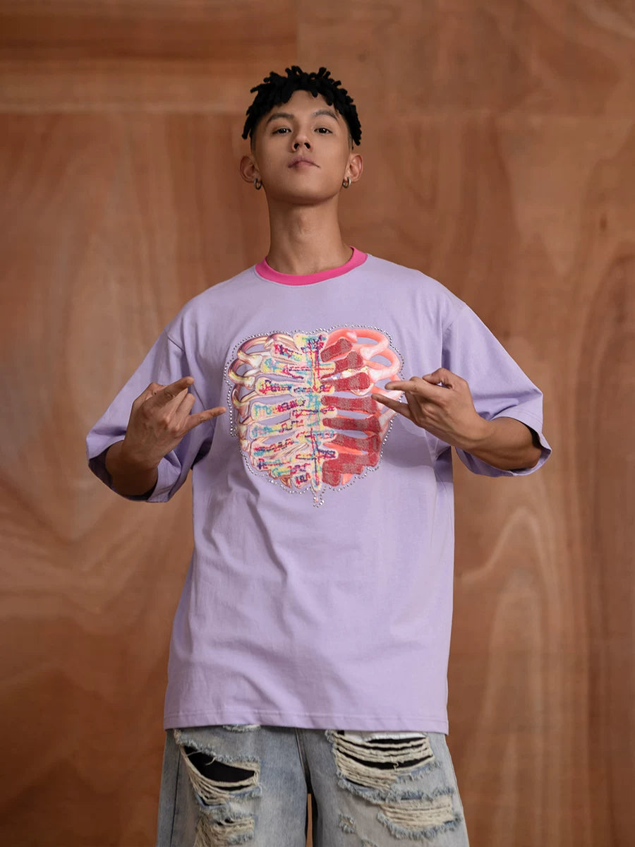 Oversized Embroidered Purple Heart Skeleton Tee