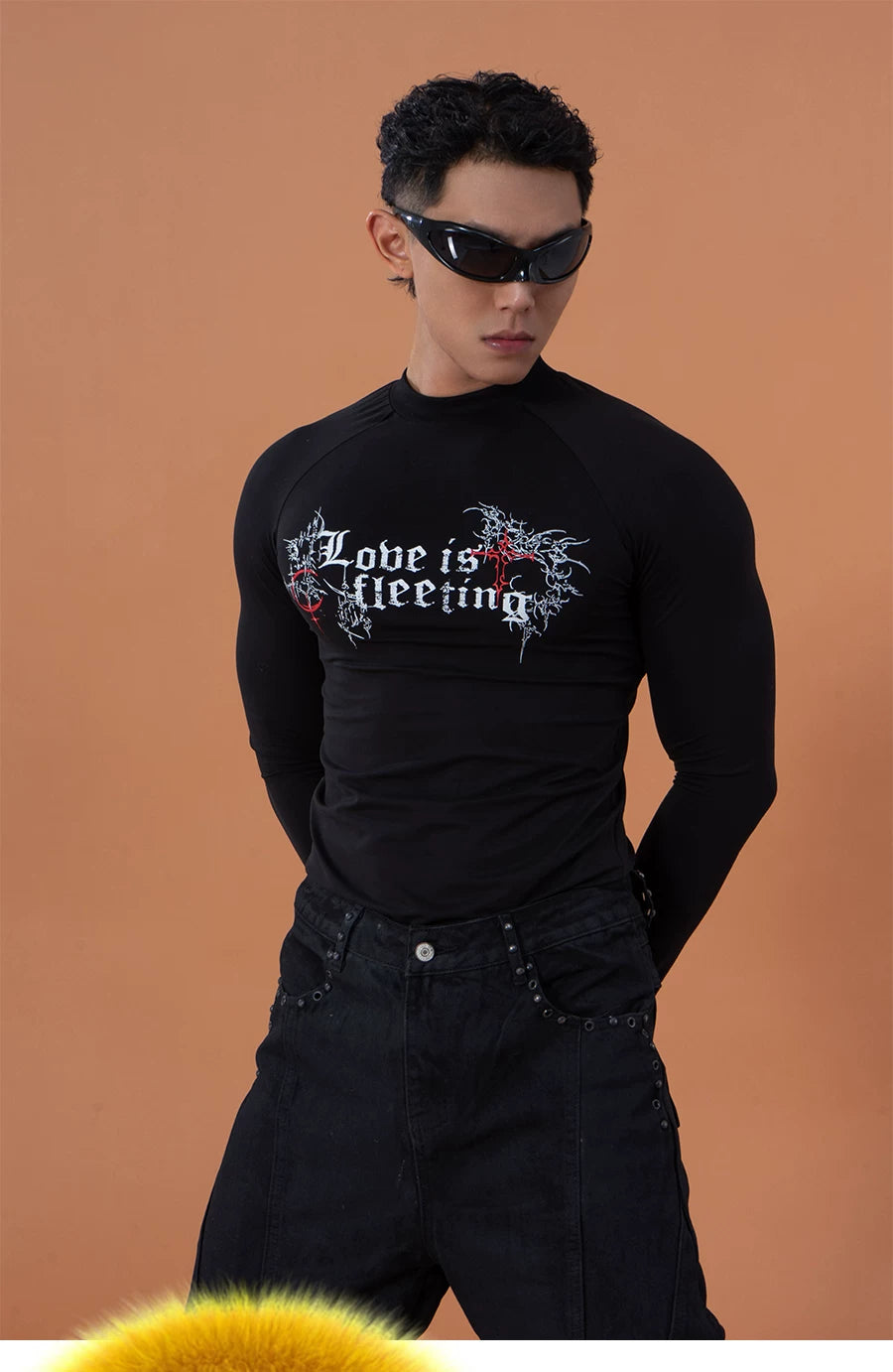Black Gothic Print Fitted Long-Sleeve Tee
