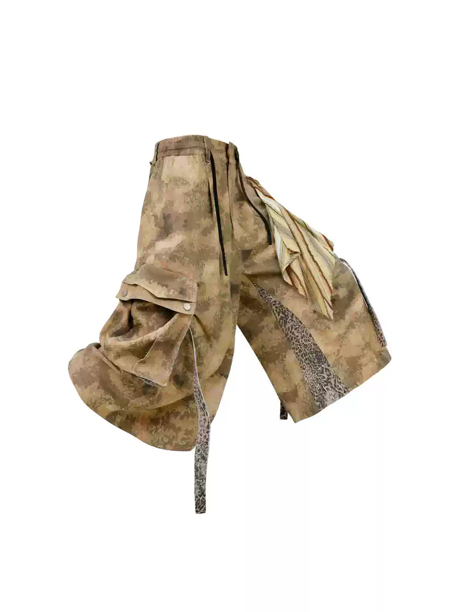Camouflage Leopard Patchwork Scarf Cargo Shorts
