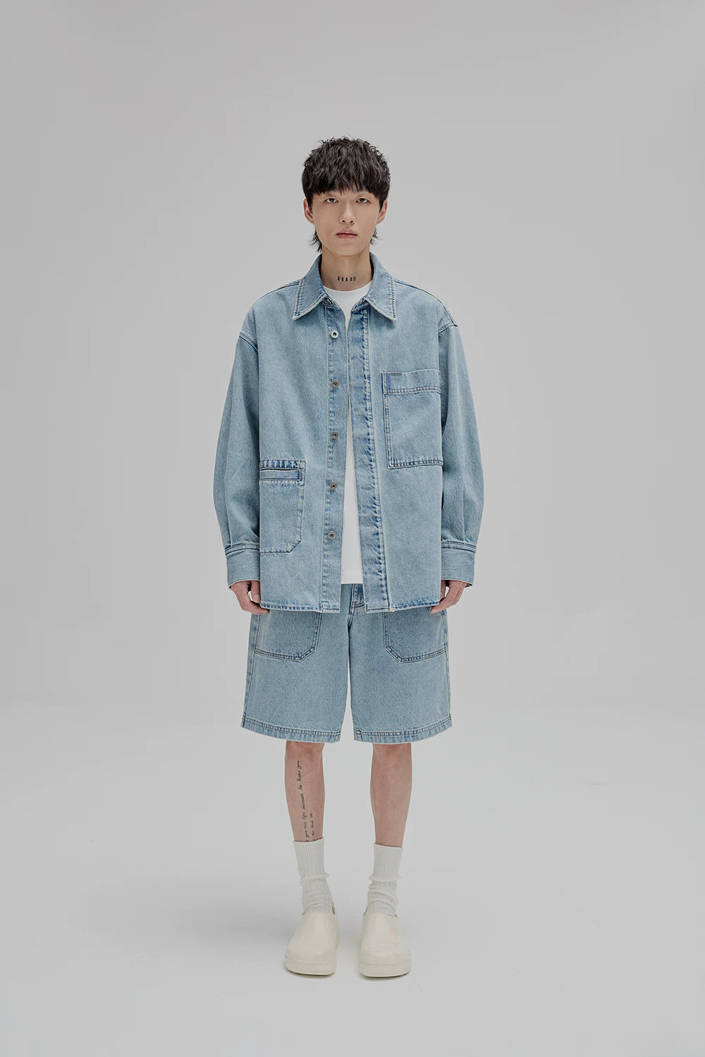 14Oz Washed Denim Asymmetric-Pocket Shirt Jacket