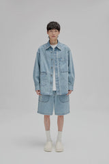 14Oz Washed Denim Asymmetric-Pocket Shirt Jacket