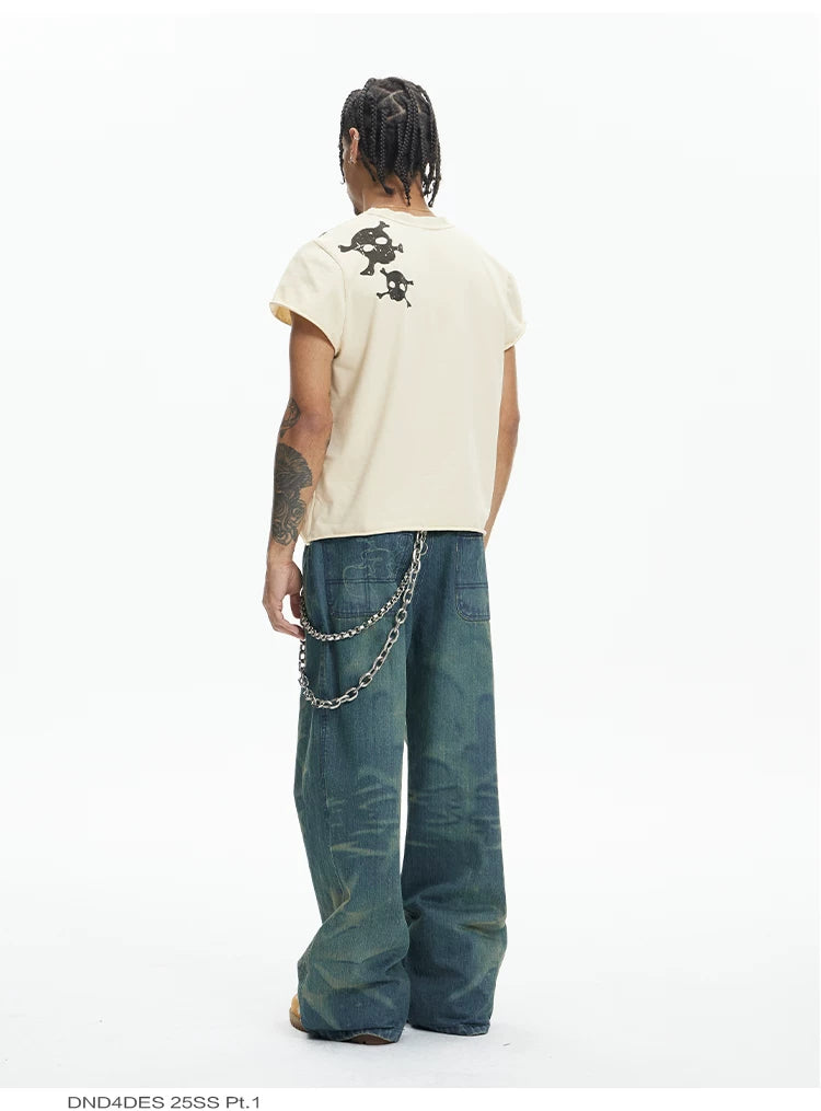 Vintage Washed Distressed Slub Flare Jeans