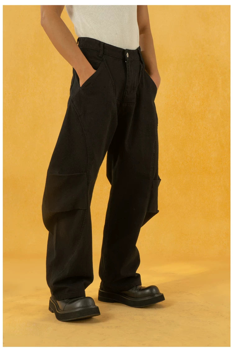 Men's Black Patchwork Wide Curved Jeans
