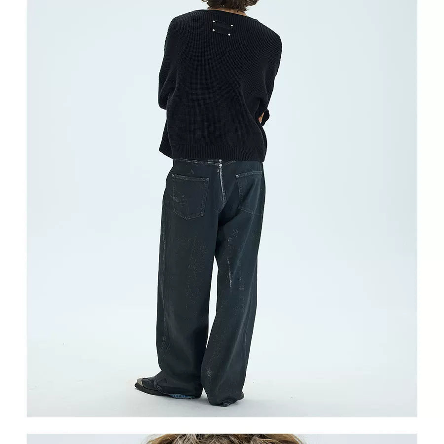 V-Neck Three-Color Waffle Lace Knit Sweater